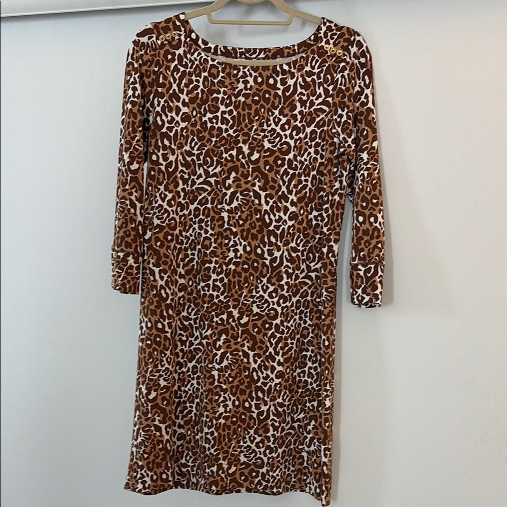 Leopard Print Long Sleeve Midi Dress - Brown